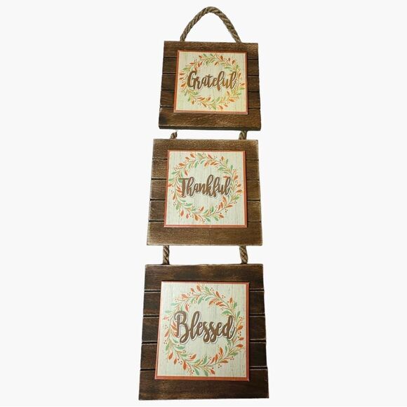 Hanging Fall Wall Decor - Grateful Thankful Blessed Wood Sign - Picture 1 of 5